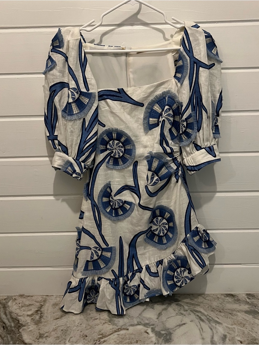 Alexis White Mini Dress with Blue Abstract Fan Print and Puff Sleeves